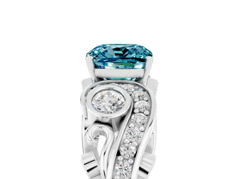 White gold Cushion Cut Blue Topaz Solitaire Ring with Milgrain Pavé Band and Four-Prong Setting_17