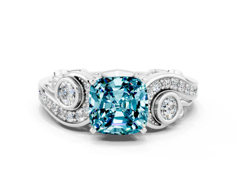 White gold Cushion Cut Blue Topaz Solitaire Ring with Milgrain Pavé Band and Four-Prong Setting_48
