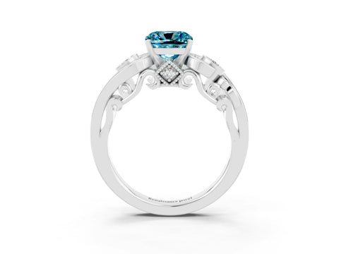 White gold Cushion Cut Blue Topaz Solitaire Ring with Milgrain Pavé Band and Four-Prong Setting_51