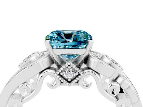 White gold Cushion Cut Blue Topaz Solitaire Ring with Milgrain Pavé Band and Four-Prong Setting_52