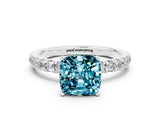 White gold Cushion Cut Blue Topaz Solitaire Ring with Pavé Accents and Four-Prong Setting