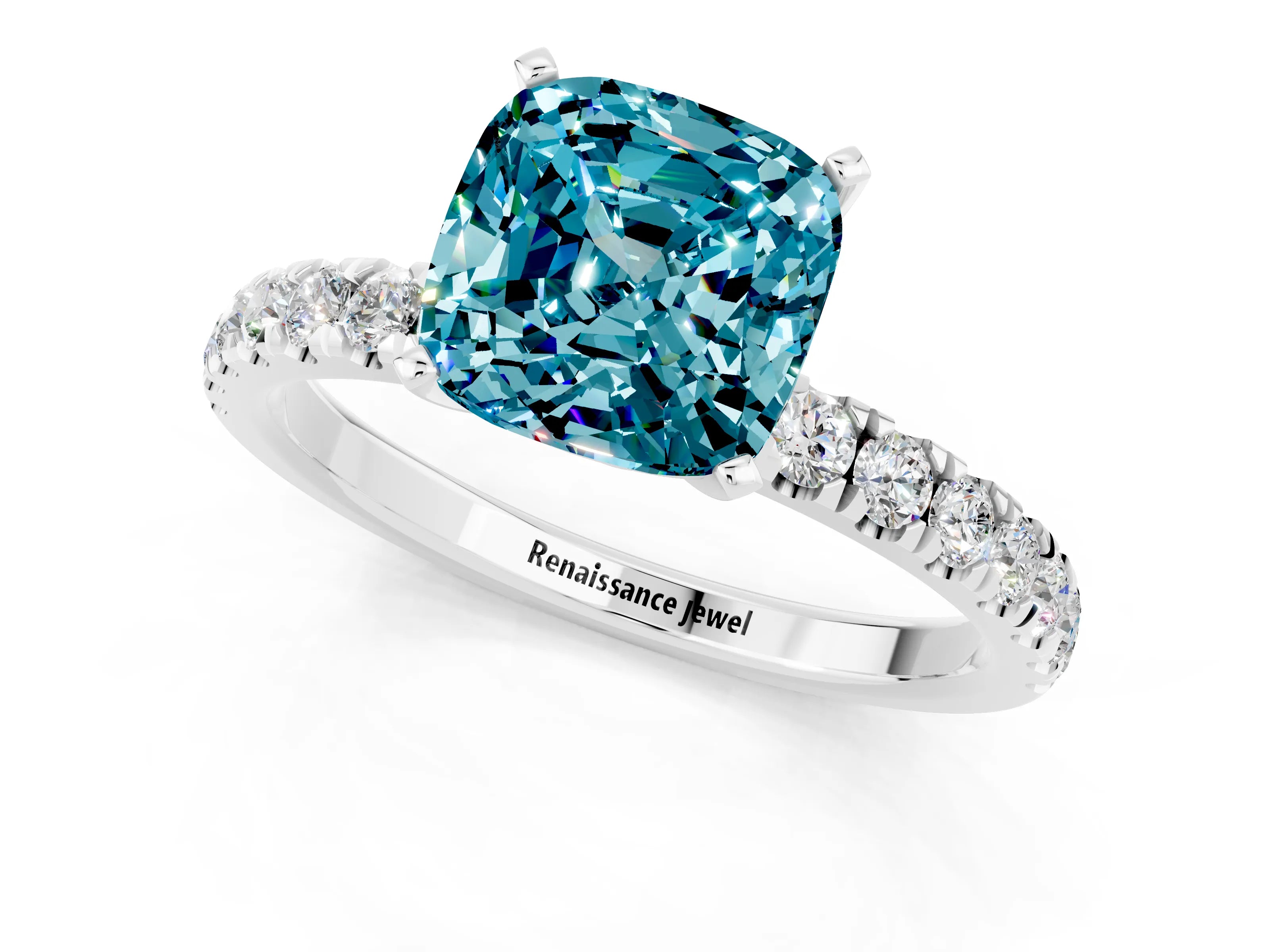 White gold Cushion Cut Blue Topaz Solitaire Ring with Pavé Accents and Four-Prong Setting_1