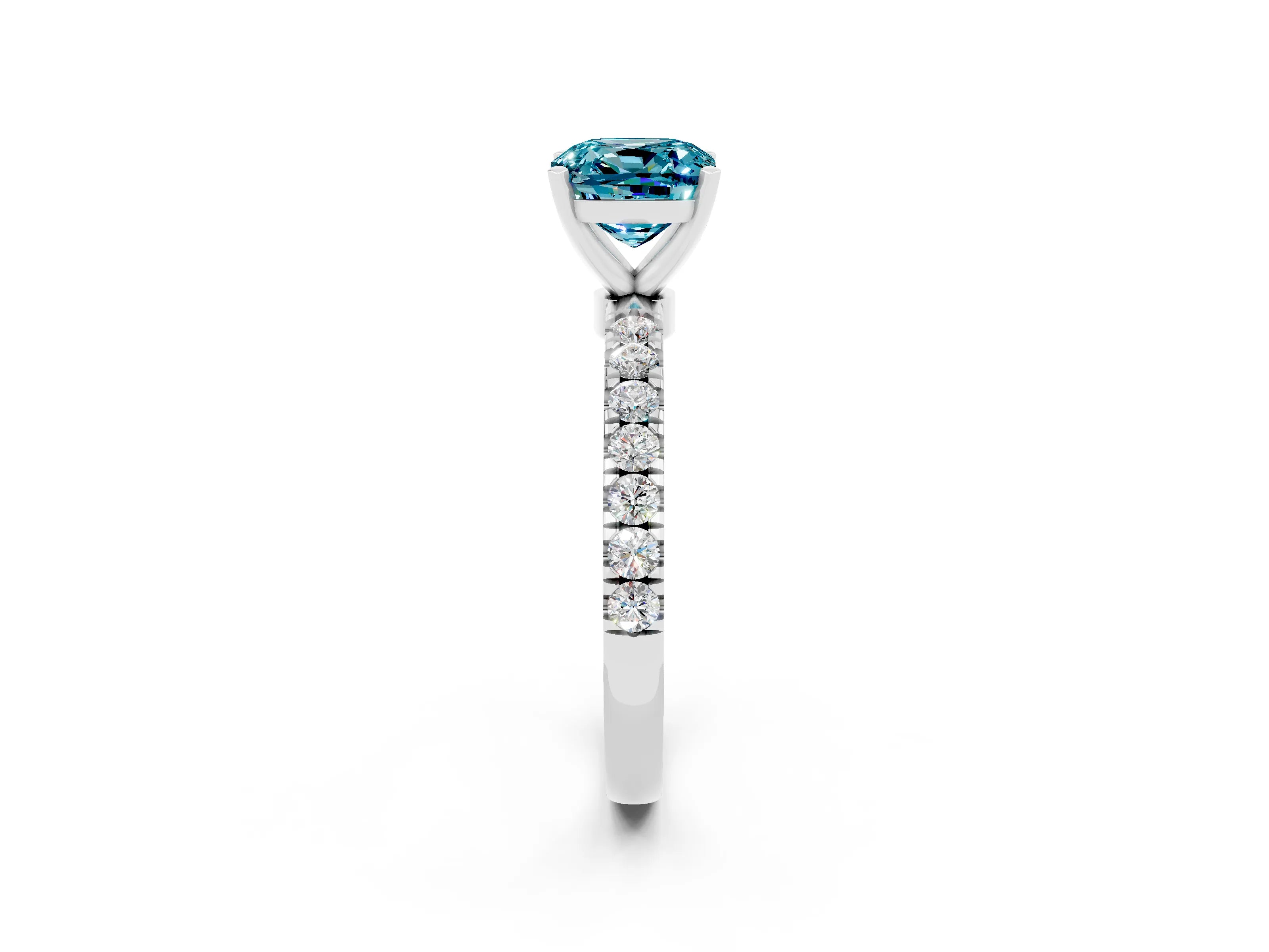 White gold Cushion Cut Blue Topaz Solitaire Ring with Pavé Accents and Four-Prong Setting_2