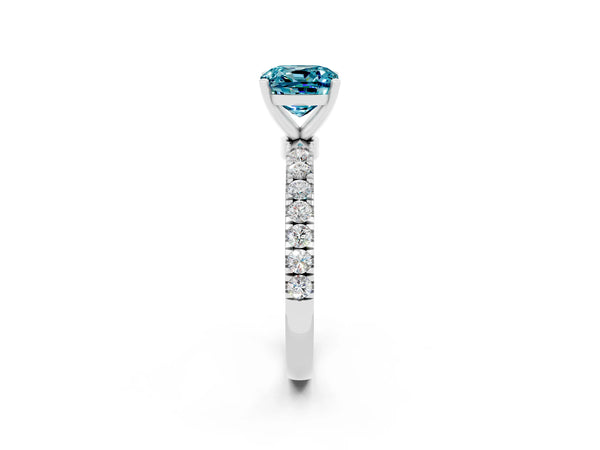White gold Cushion Cut Blue Topaz Solitaire Ring with Pavé Accents and Four-Prong Setting