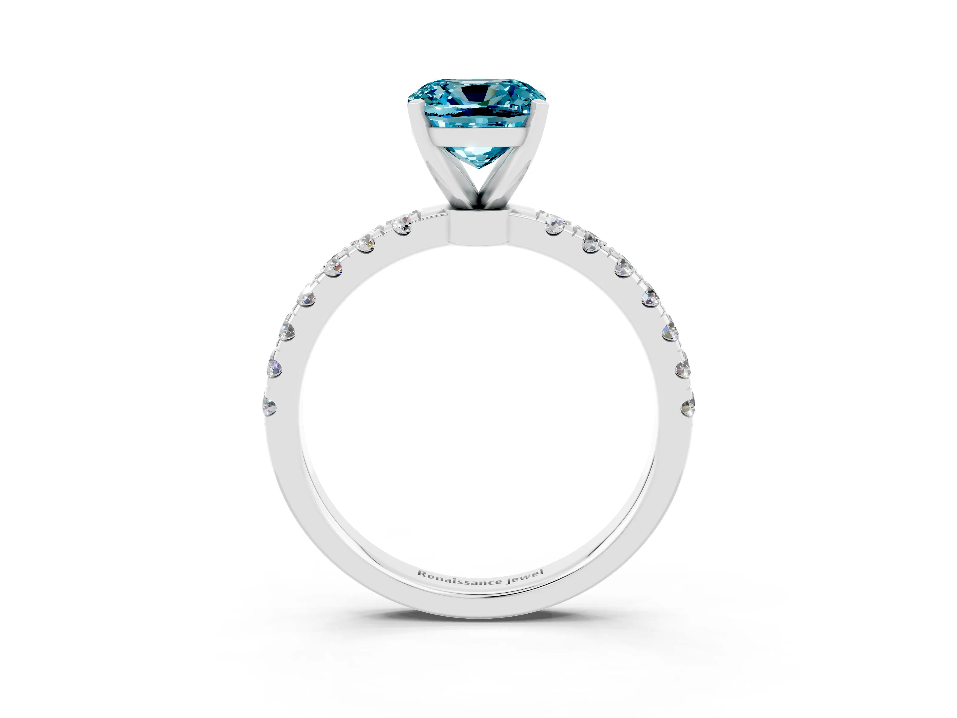 White gold Cushion Cut Blue Topaz Solitaire Ring with Pavé Accents and Four-Prong Setting_3
