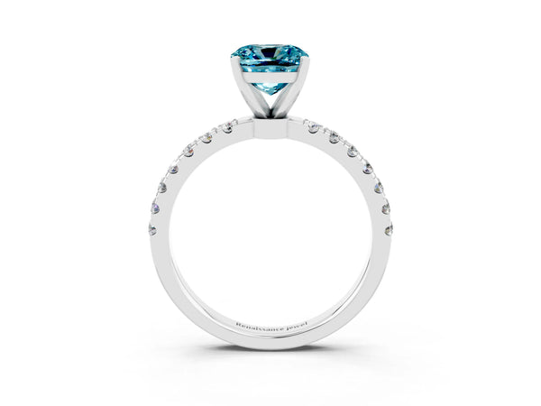 Platinum Cushion Cut Blue Topaz Solitaire Ring with Pavé Accents and Four-Prong Setting