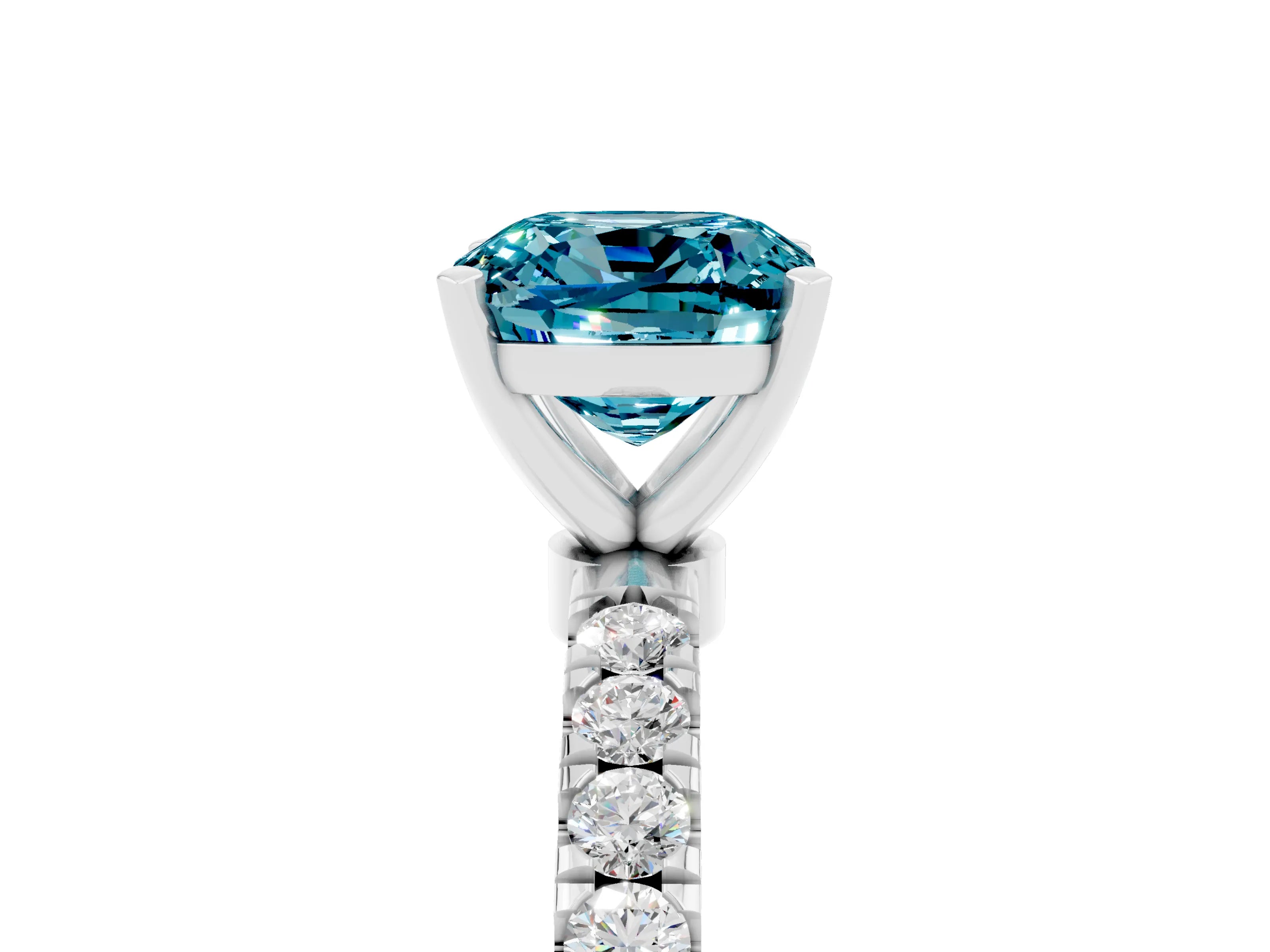 White gold Cushion Cut Blue Topaz Solitaire Ring with Pavé Accents and Four-Prong Setting_5