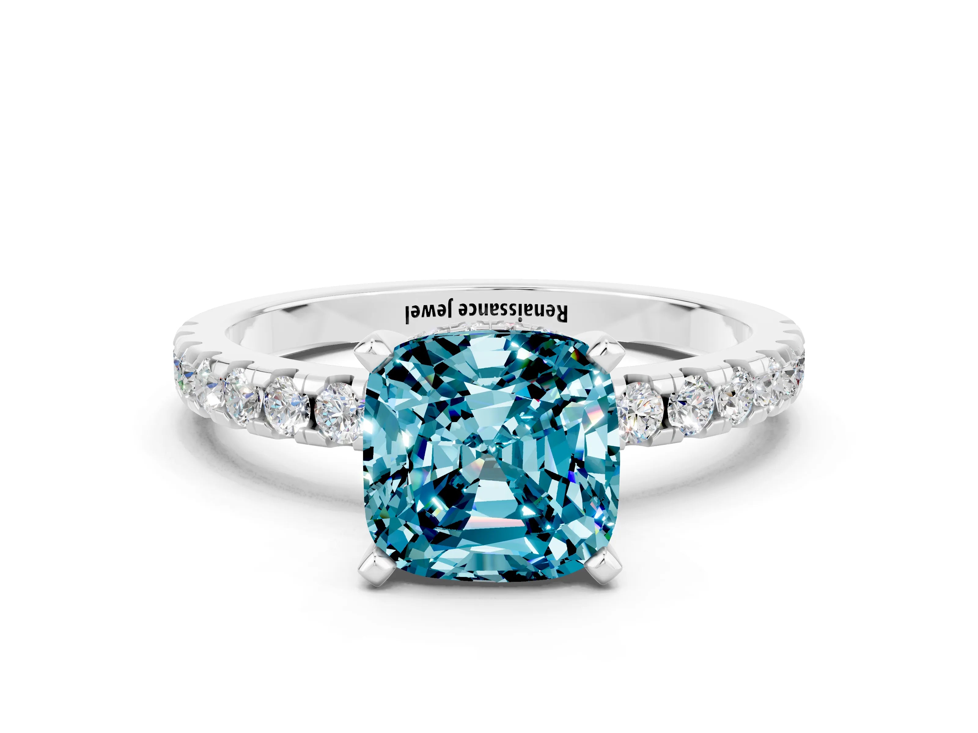 White gold Cushion Cut Blue Topaz Solitaire Ring with Pavé Band and Four-Prong Setting_36