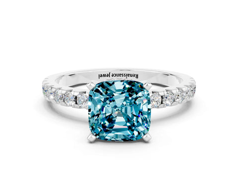 White gold Cushion Cut Blue Topaz Solitaire Ring with Pavé Band and Four-Prong Setting_36
