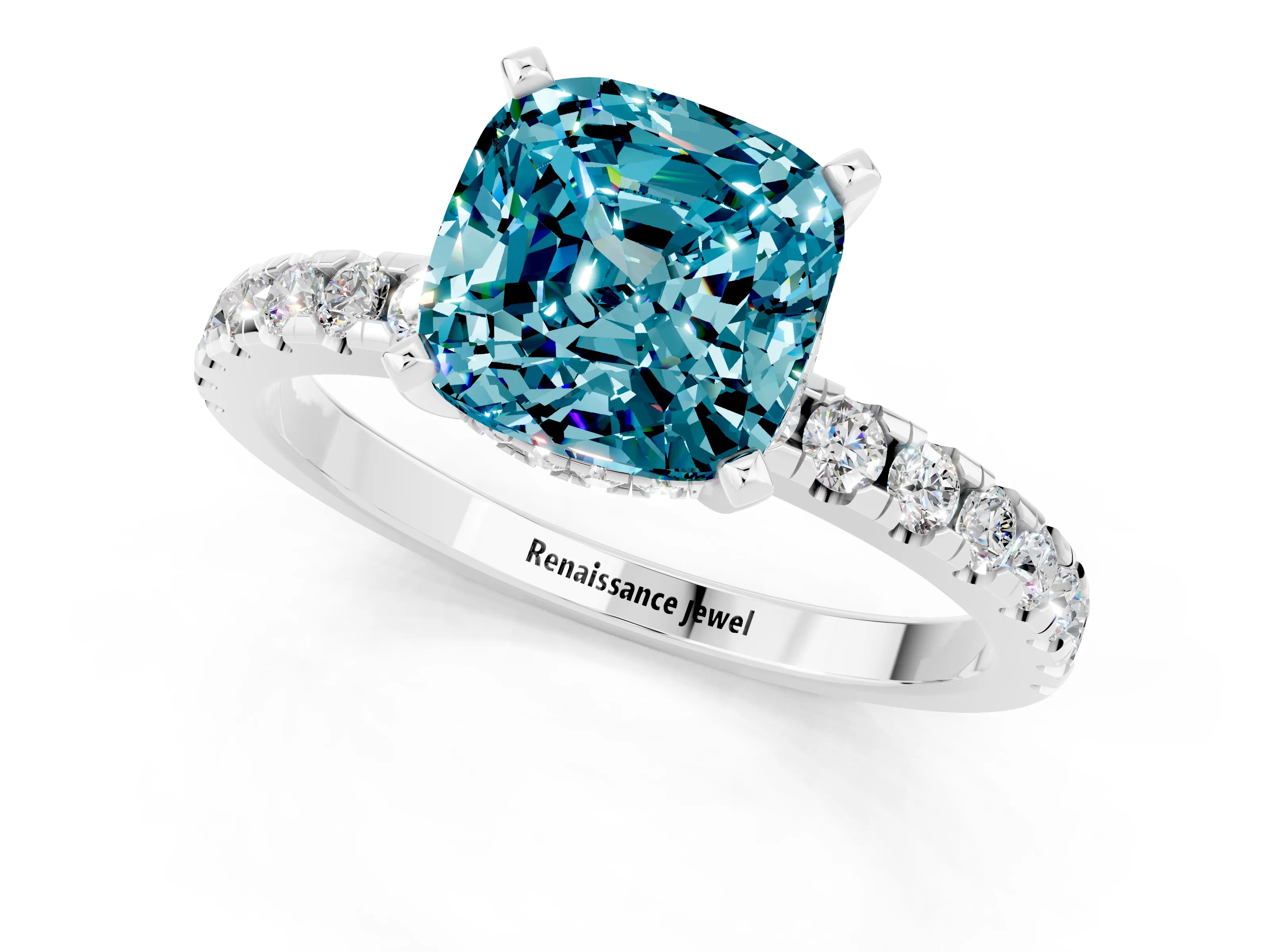 White gold Cushion Cut Blue Topaz Solitaire Ring with Pavé Band and Four-Prong Setting_37