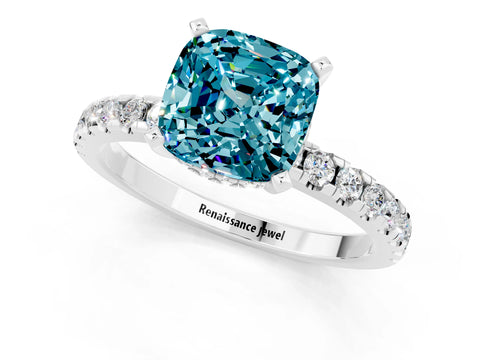 White gold Cushion Cut Blue Topaz Solitaire Ring with Pavé Band and Four-Prong Setting_37