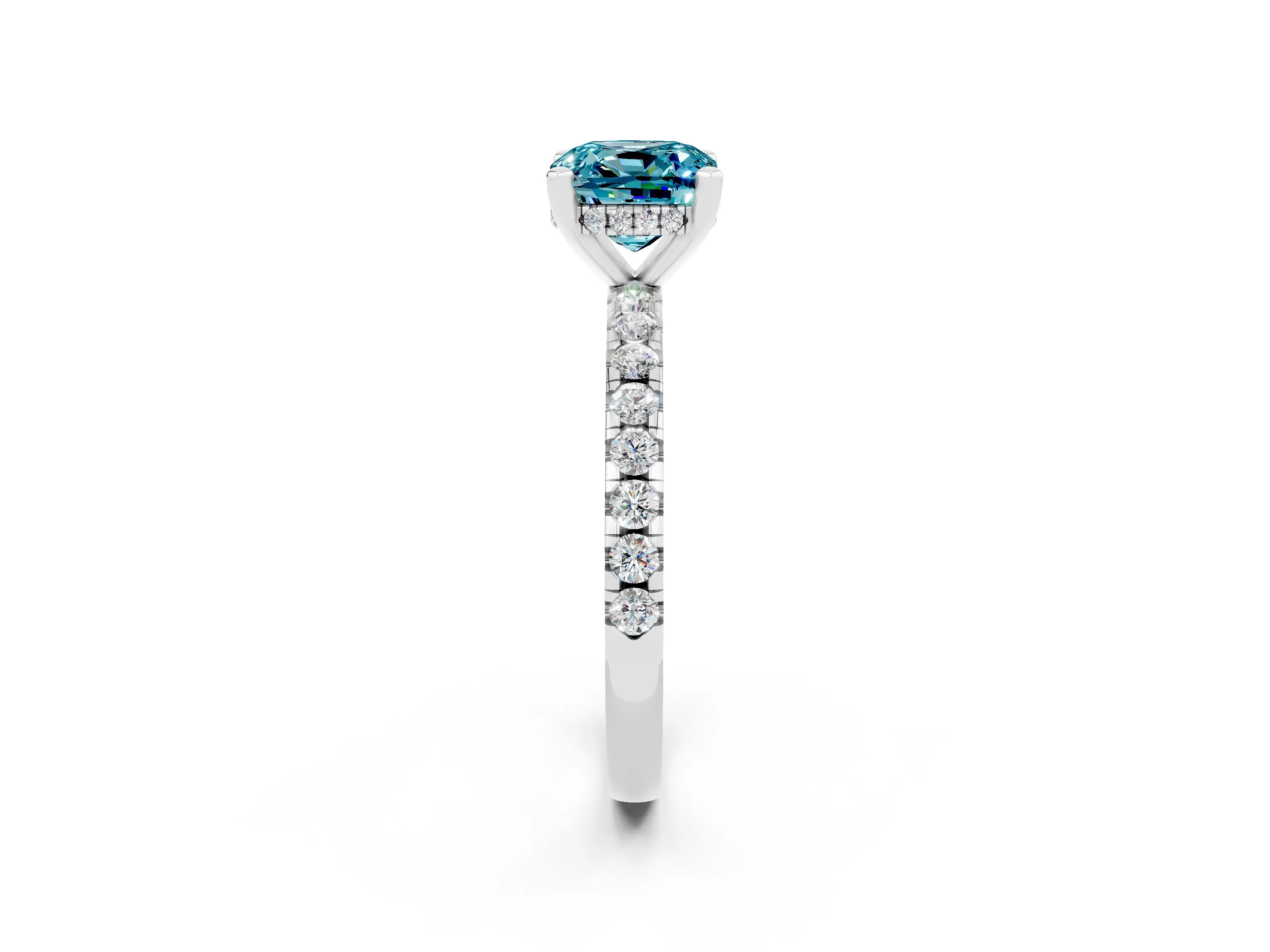 White gold Cushion Cut Blue Topaz Solitaire Ring with Pavé Band and Four-Prong Setting_38