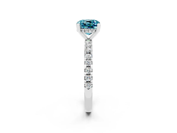 Silver Cushion Cut Blue Topaz Solitaire Ring with Round  Pavé Band and Four-Prong Setting