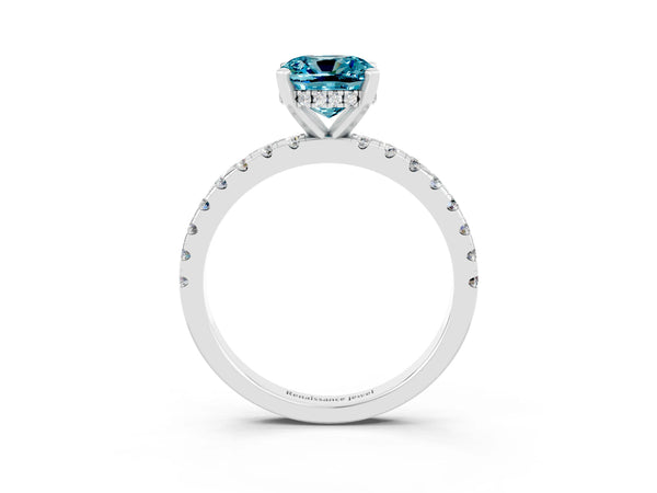 Platinum Cushion Cut Blue Topaz Solitaire Ring with Round  Pavé Band and Four-Prong Setting