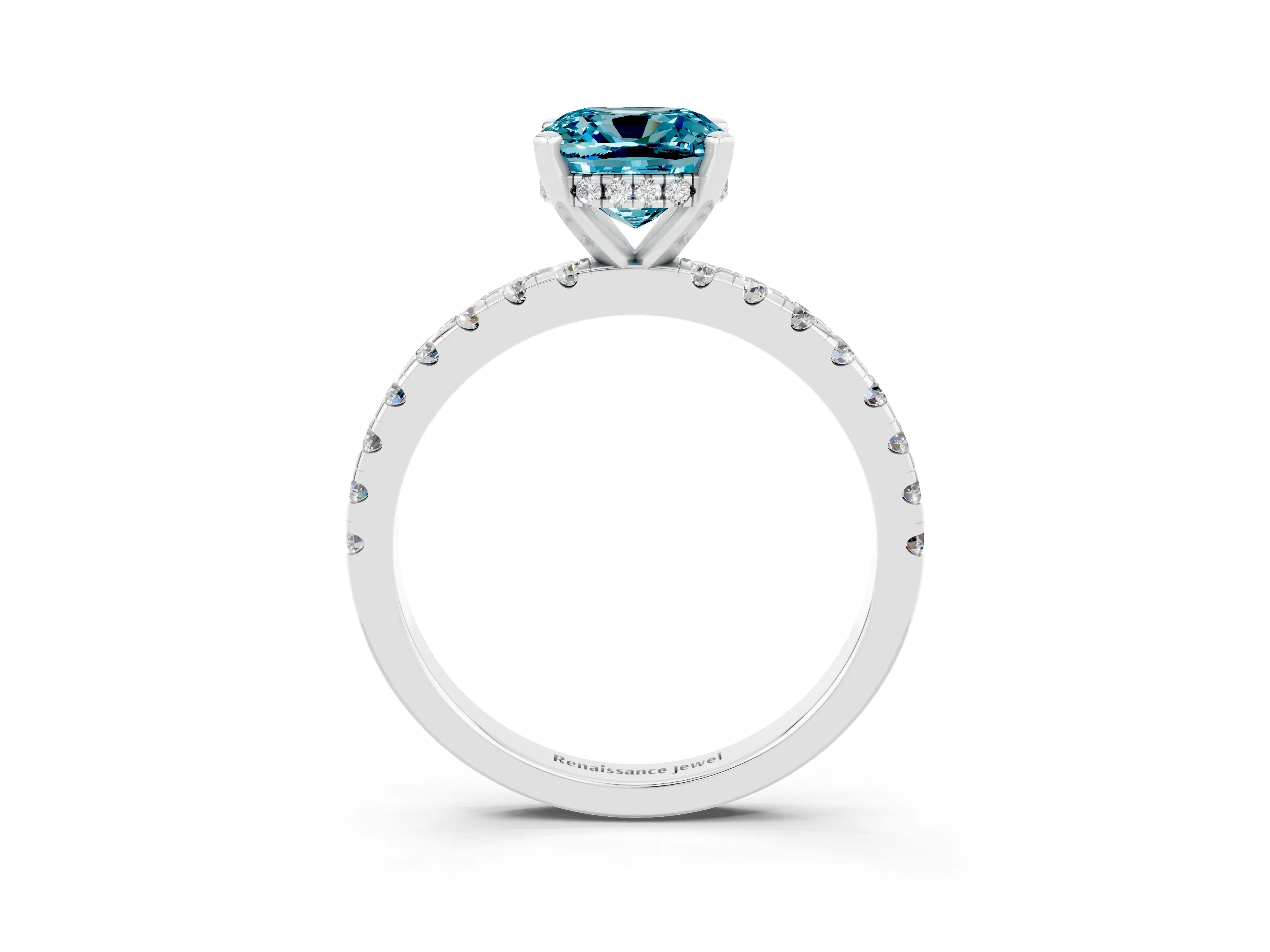 White gold Cushion Cut Blue Topaz Solitaire Ring with Pavé Band and Four-Prong Setting_39