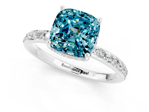White gold Cushion Cut Blue Topaz Solitaire Ring with Pavé Band and Hidden Halo_1
