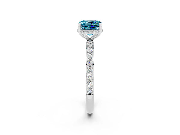 Silver Cushion Cut Blue Topaz Solitaire Ring with Pavé Band and Hidden Halo