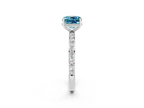 White gold Cushion Cut Blue Topaz Solitaire Ring with Pavé Band and Hidden Halo_2