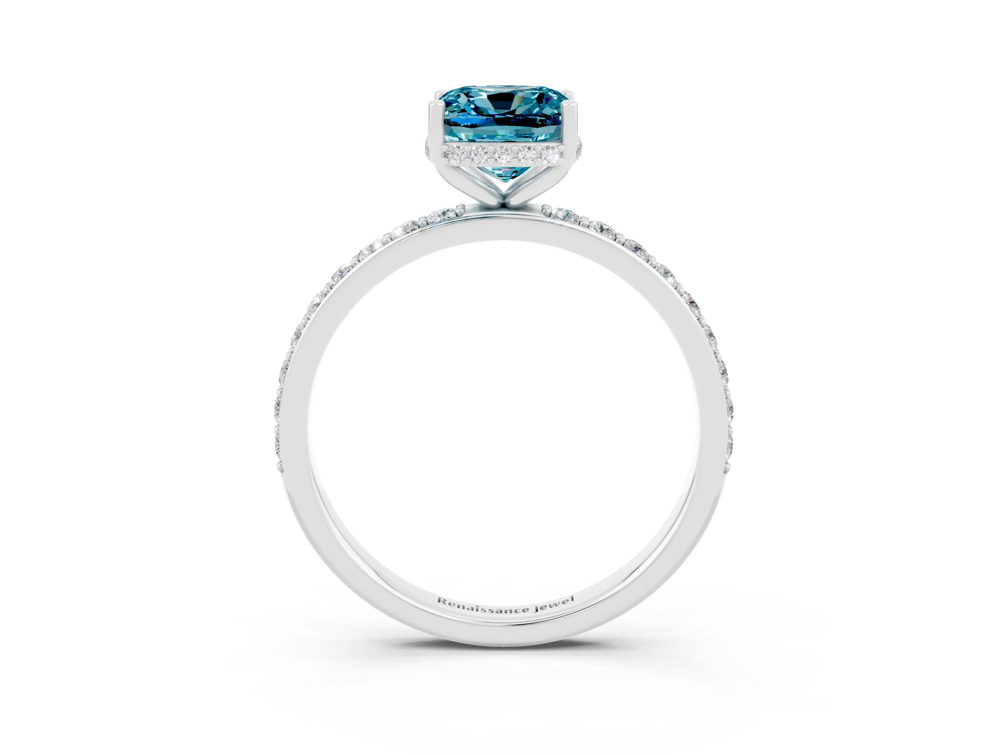 White gold Cushion Cut Blue Topaz Solitaire Ring with Pavé Band and Hidden Halo_3