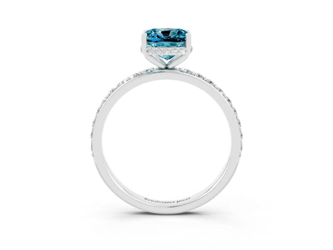 White gold Cushion Cut Blue Topaz Solitaire Ring with Pavé Band and Hidden Halo_3