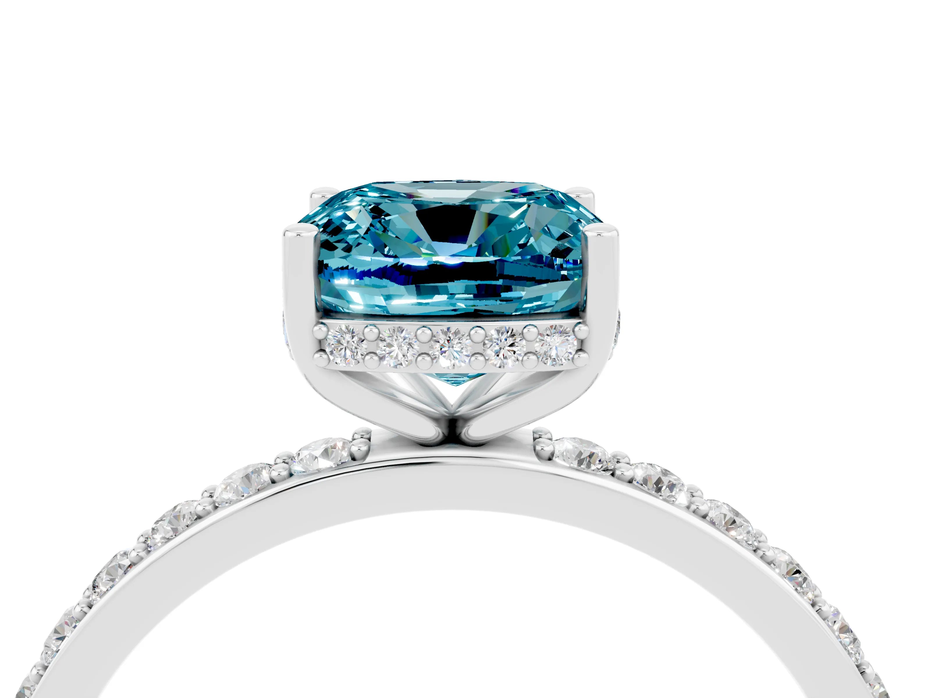 White gold Cushion Cut Blue Topaz Solitaire Ring with Pavé Band and Hidden Halo_4