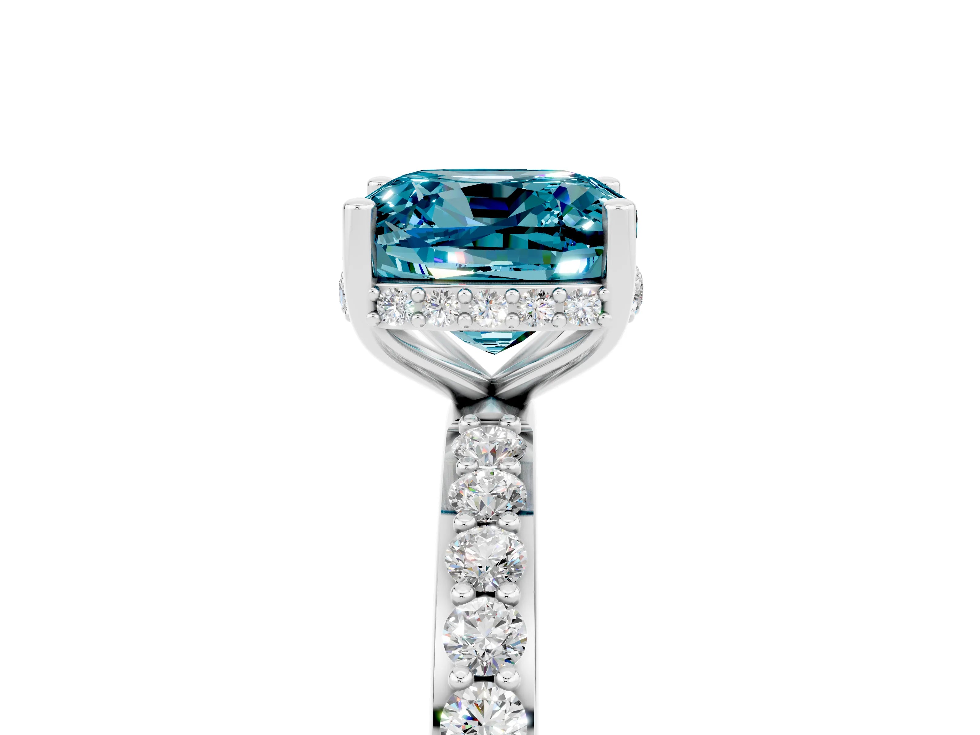 White gold Cushion Cut Blue Topaz Solitaire Ring with Pavé Band and Hidden Halo_5