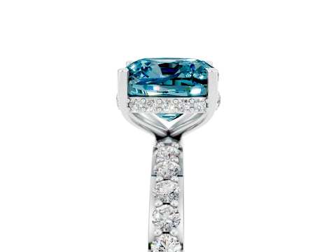 White gold Cushion Cut Blue Topaz Solitaire Ring with Pavé Band and Hidden Halo_5