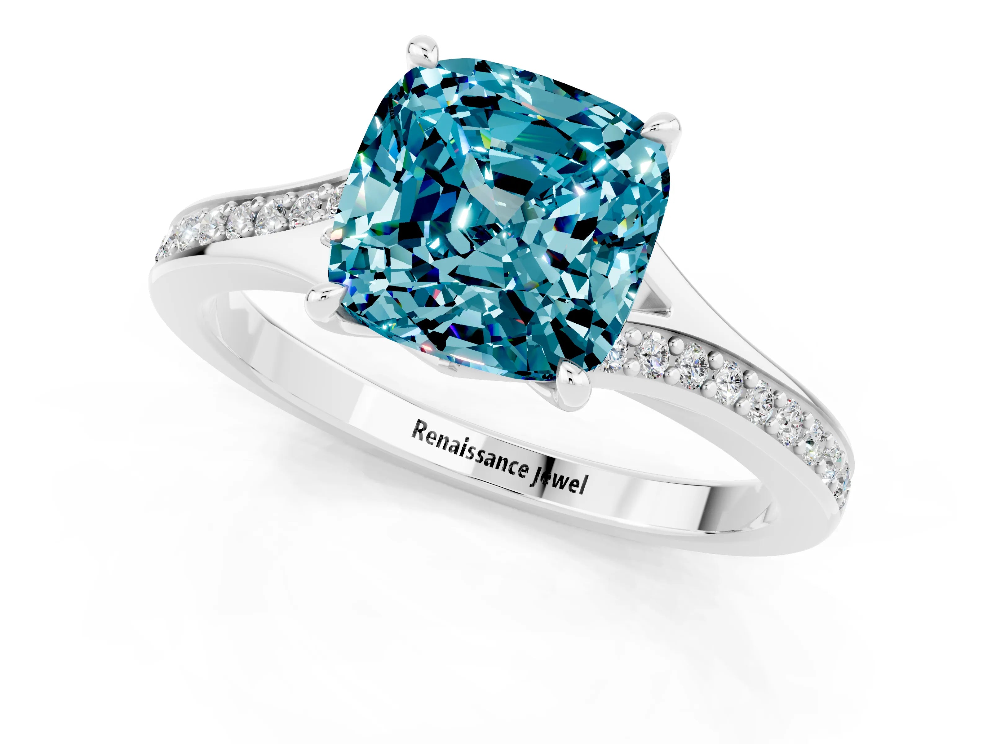 White gold Cushion Cut Blue Topaz Solitaire Ring with Pavé Band and Prong Setting_1