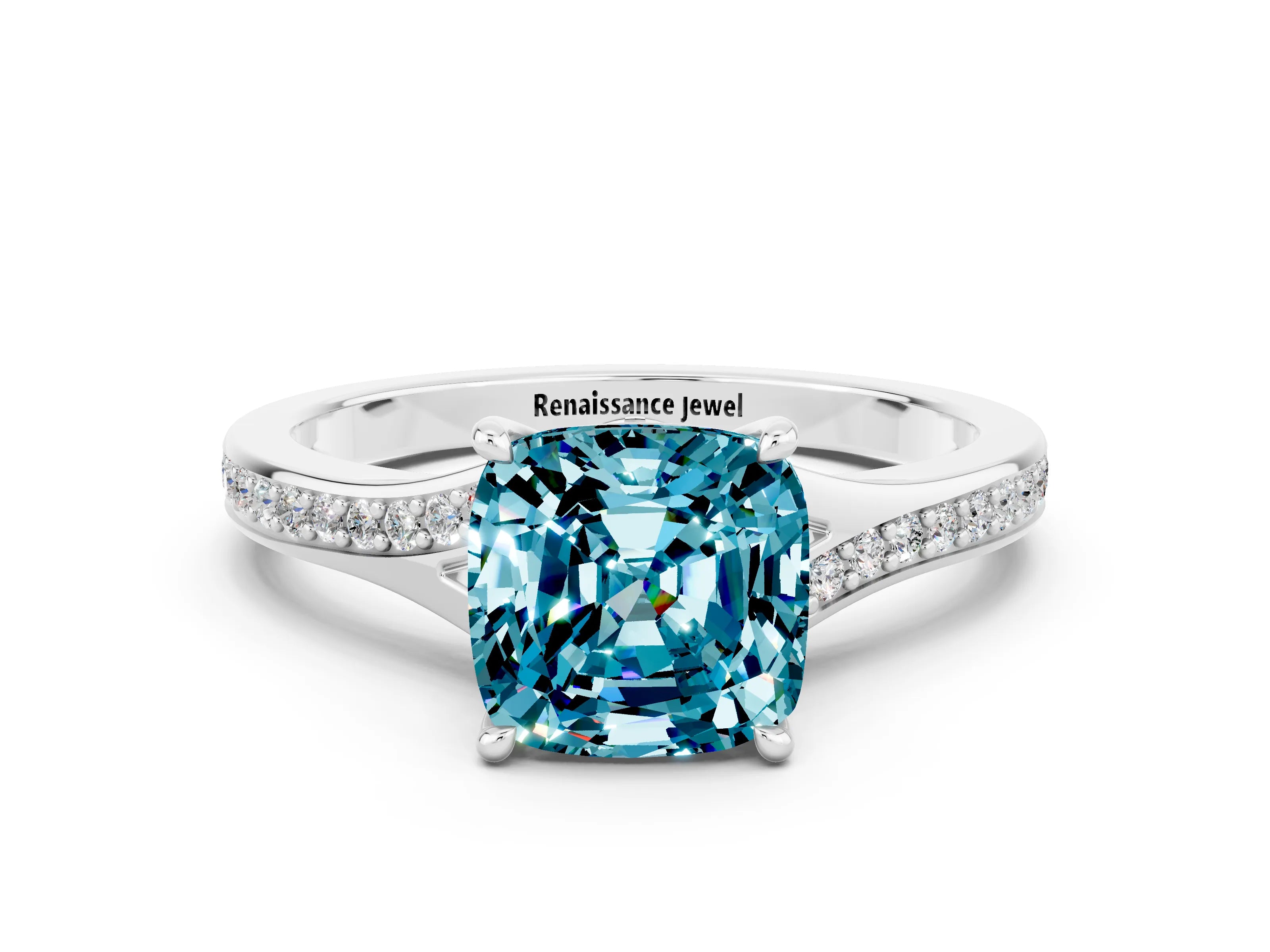 White gold Cushion Cut Blue Topaz Solitaire Ring with Pavé Band and Prong Setting_12