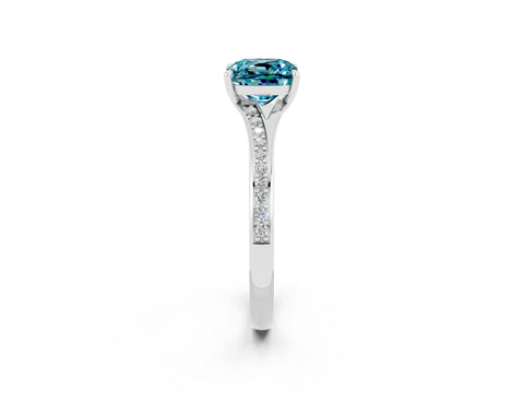 White gold Cushion Cut Blue Topaz Solitaire Ring with Pavé Band and Prong Setting_14