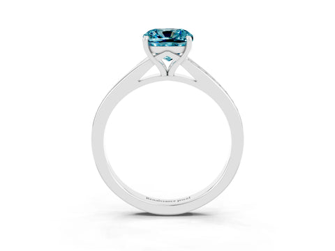 White gold Cushion Cut Blue Topaz Solitaire Ring with Pavé Band and Prong Setting_15