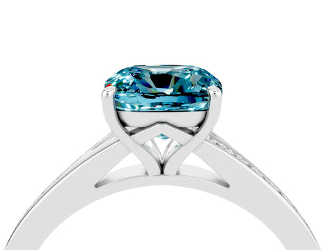 White gold Cushion Cut Blue Topaz Solitaire Ring with Pavé Band and Prong Setting_16