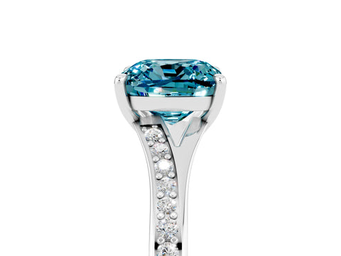 White gold Cushion Cut Blue Topaz Solitaire Ring with Pavé Band and Prong Setting_17