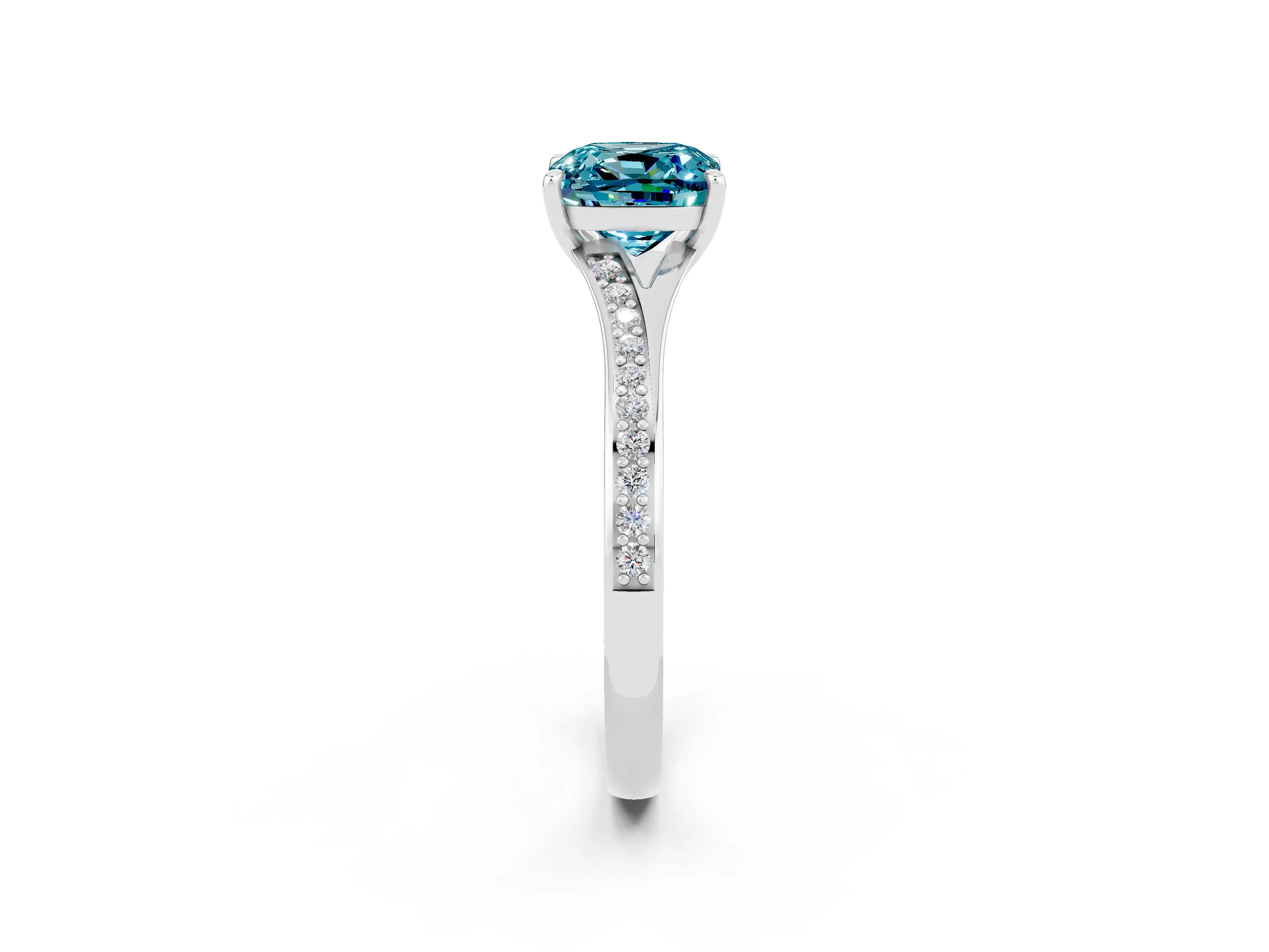 White gold Cushion Cut Blue Topaz Solitaire Ring with Pavé Band and Prong Setting_2