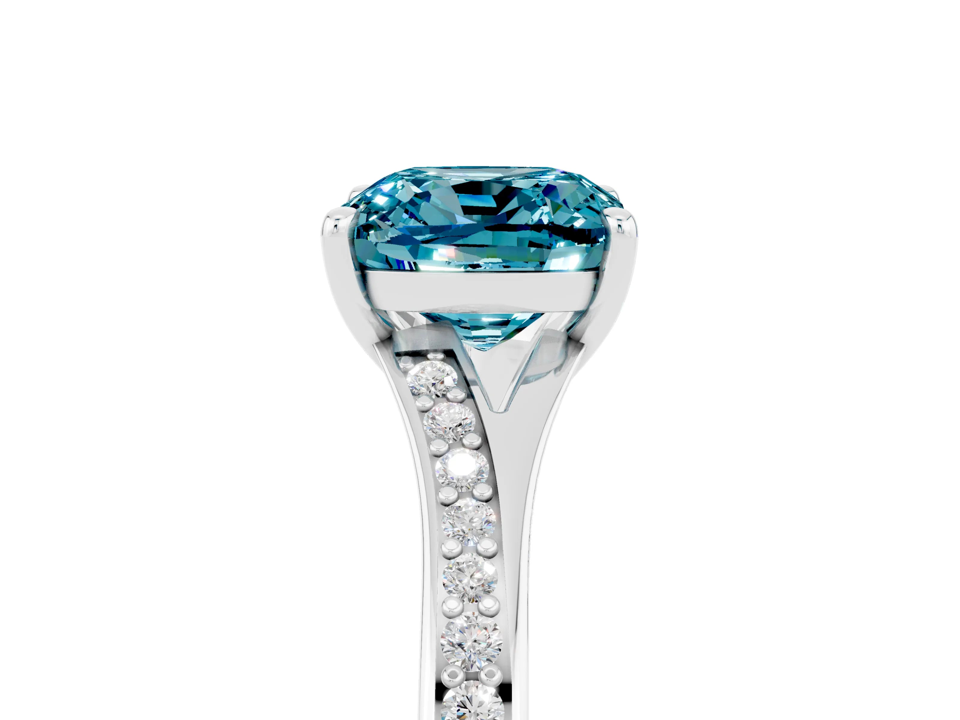 White gold Cushion Cut Blue Topaz Solitaire Ring with Pavé Band and Prong Setting_5