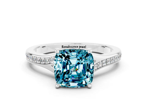 White gold Cushion Cut Blue Topaz Solitaire Ring with Pavé Band and Prong Setting