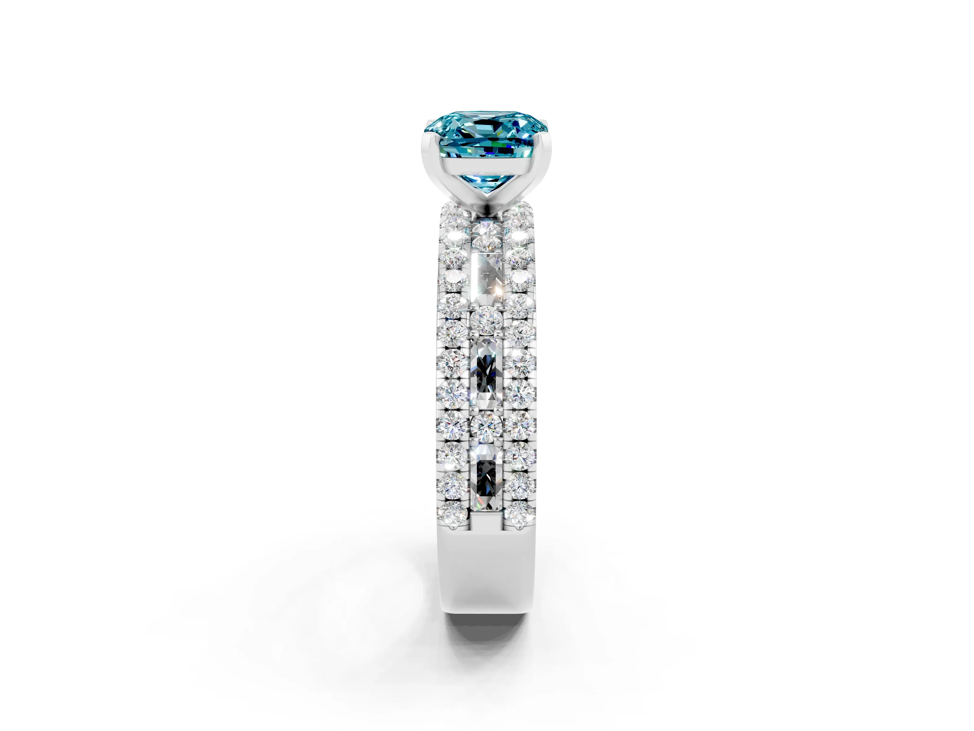 White gold Cushion Cut Blue Topaz Solitaire Ring with Pavé and Channel Set Band_2