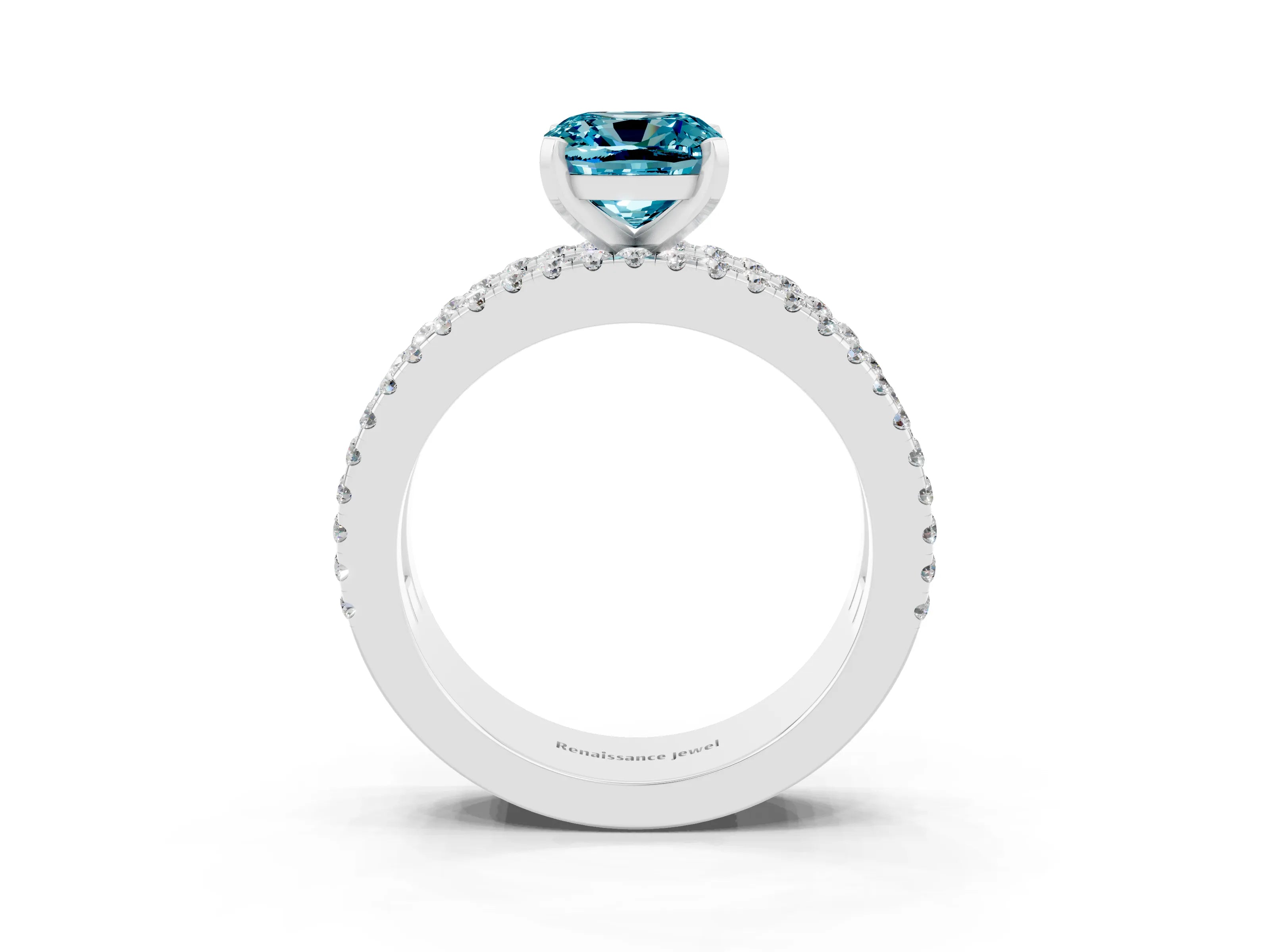 White gold Cushion Cut Blue Topaz Solitaire Ring with Pavé and Channel Set Band_3