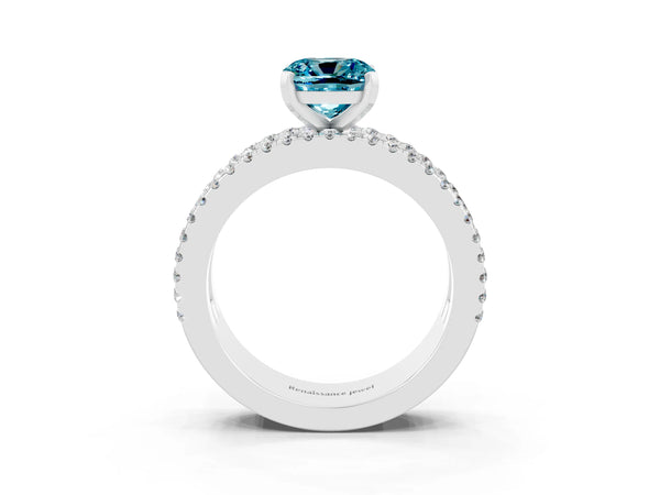 Silver Cushion Cut Blue Topaz Solitaire Ring with Pavé and Channel Set Band