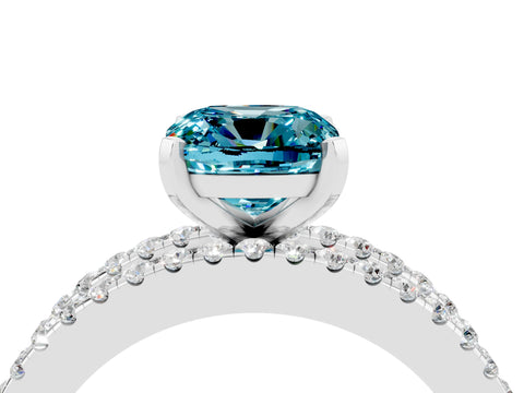 White gold Cushion Cut Blue Topaz Solitaire Ring with Pavé and Channel Set Band_4