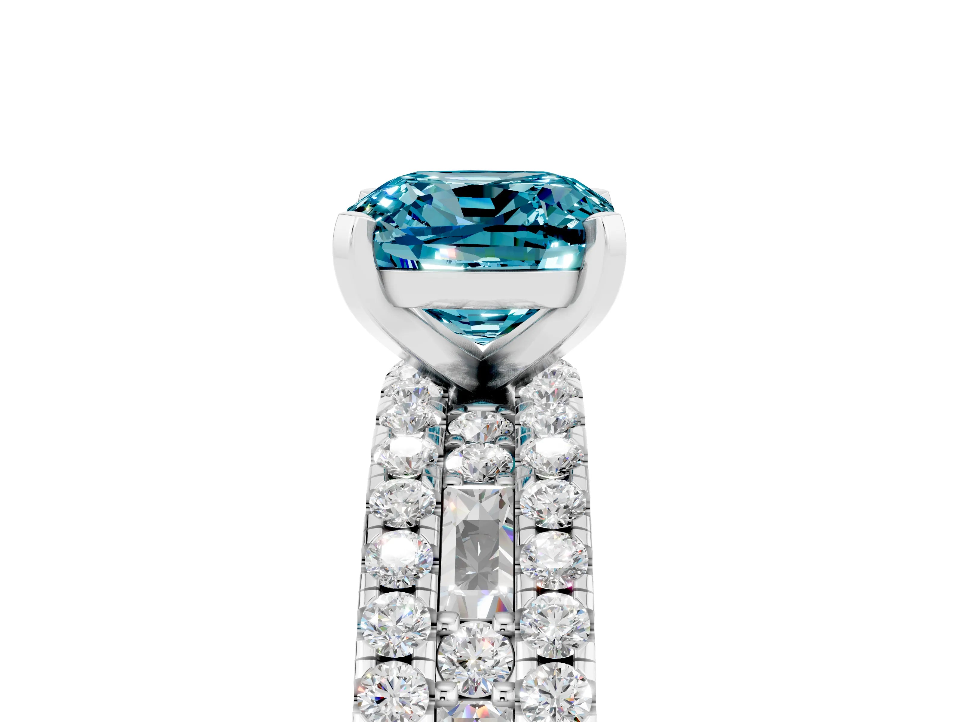 White gold Cushion Cut Blue Topaz Solitaire Ring with Pavé and Channel Set Band_5