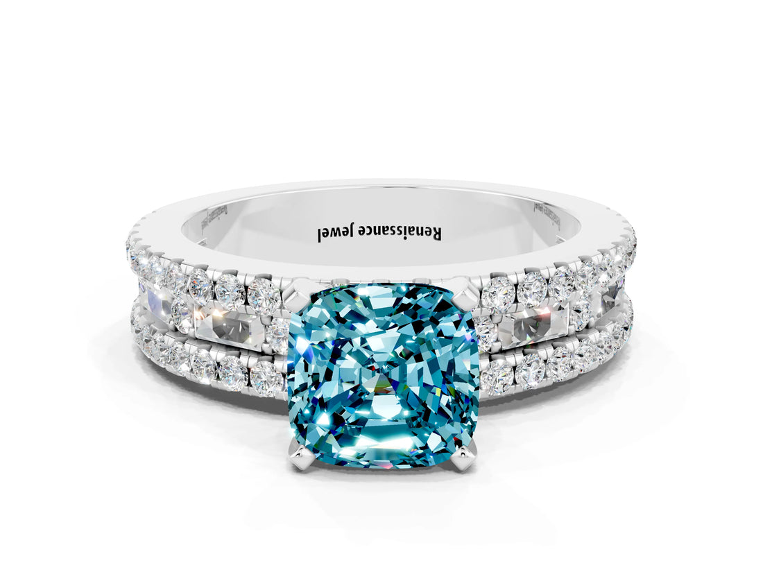 White gold Cushion Cut Blue Topaz Solitaire Ring with Pavé and Channel Set Band