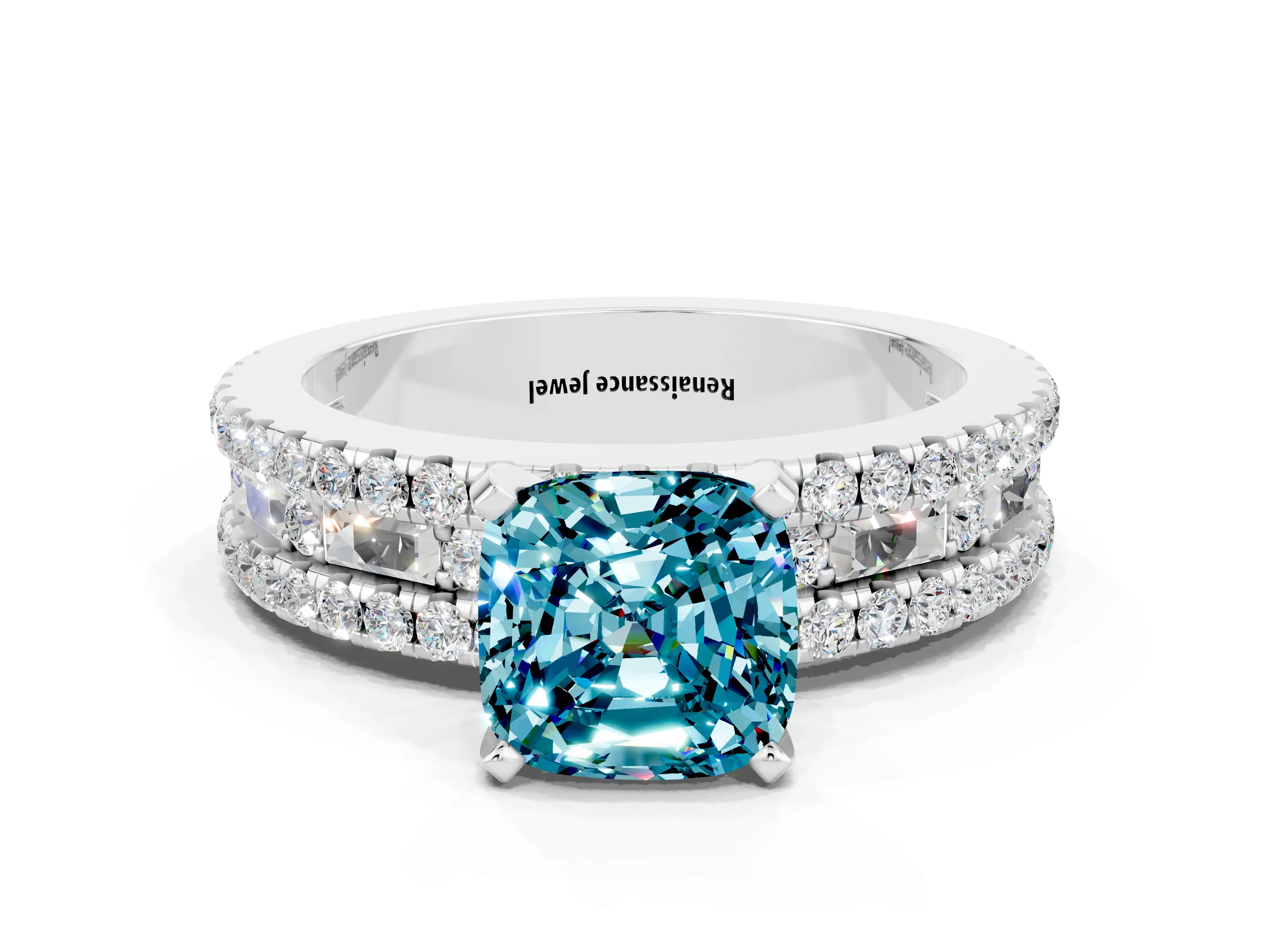 White gold Cushion Cut Blue Topaz Solitaire Ring with Pavé and Channel Set Band