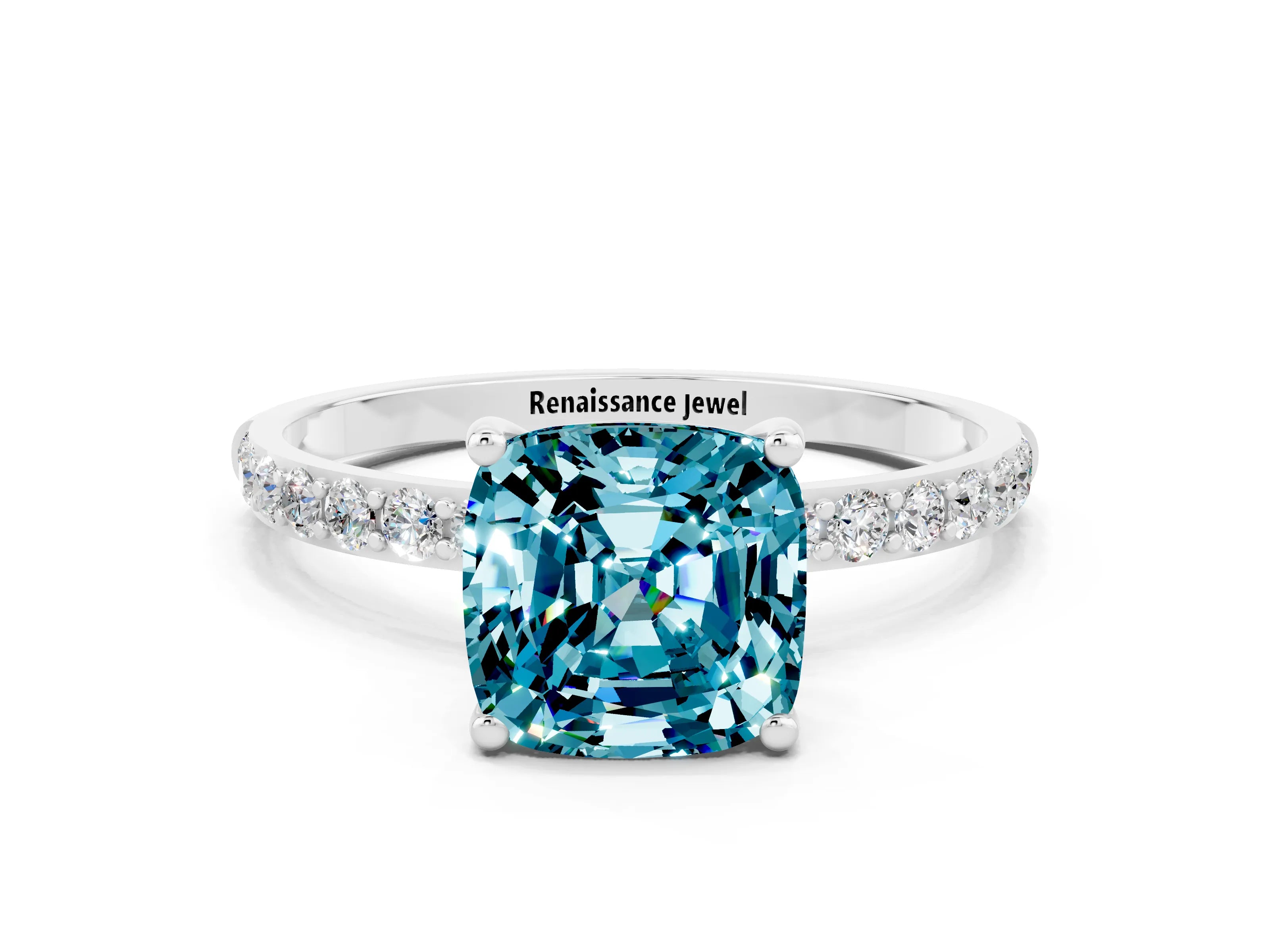 White gold Cushion Cut Blue Topaz Solitaire Ring with Pave Band and Four Prong Setting_24
