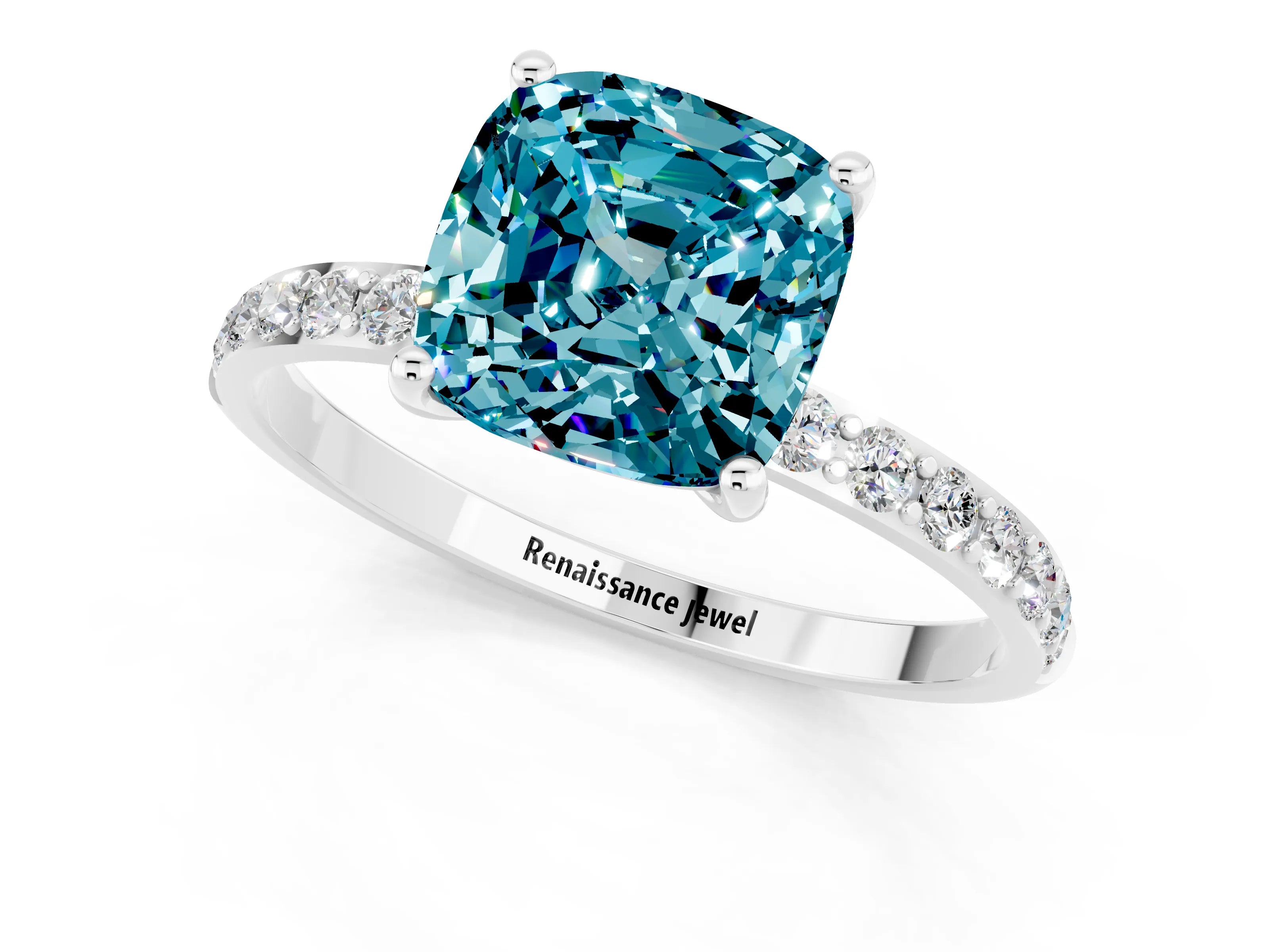 White gold Cushion Cut Blue Topaz Solitaire Ring with Pave Band and Four Prong Setting_25