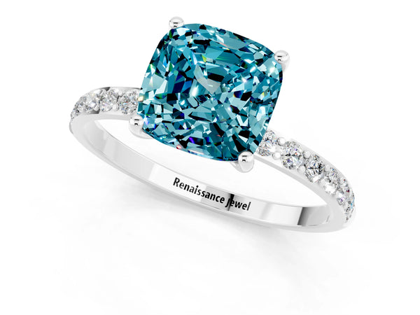 Silver Cushion Cut Blue Topaz Solitaire Ring with Round  Pavé Band and Prong Setting