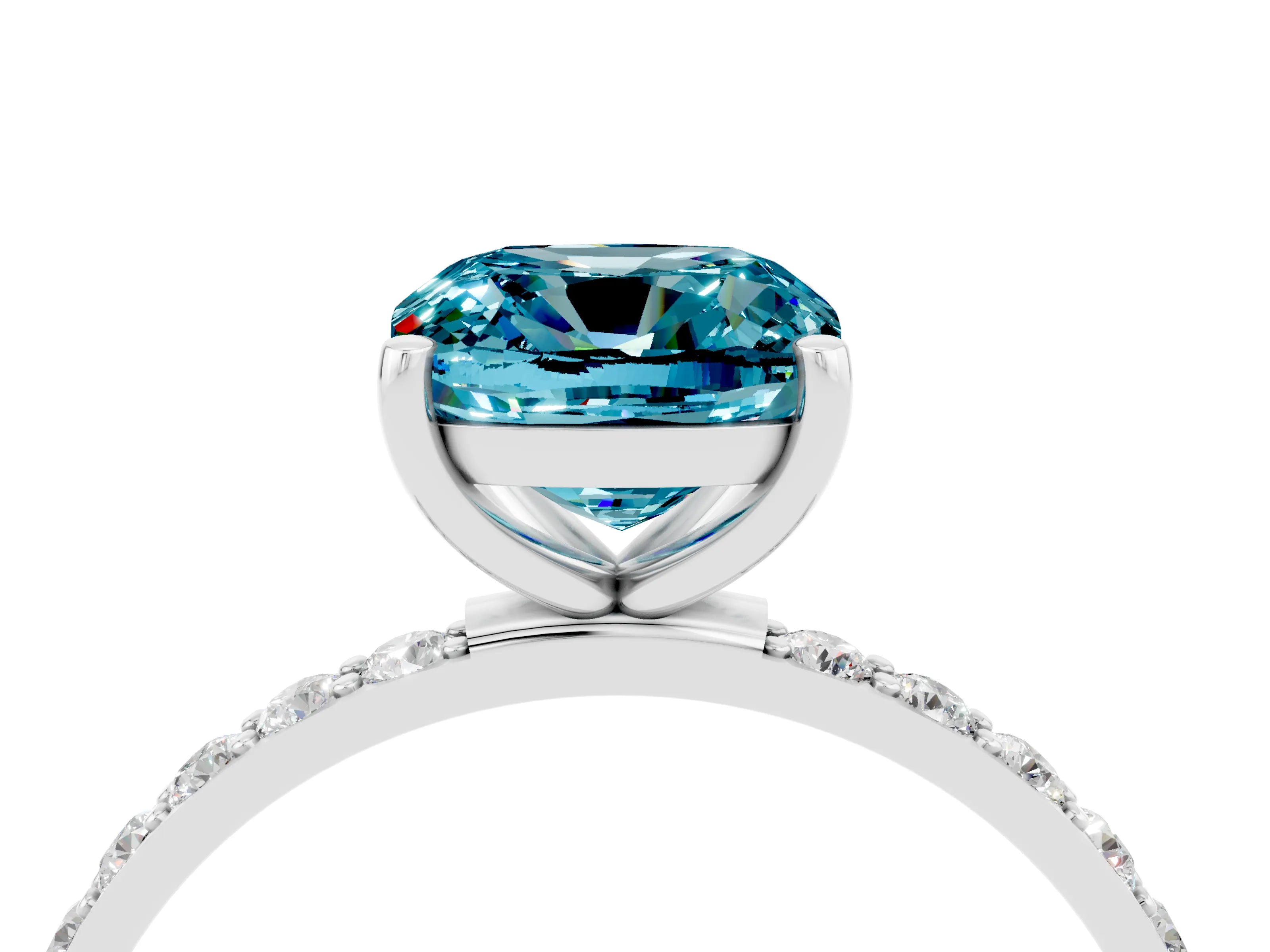 White gold Cushion Cut Blue Topaz Solitaire Ring with Pave Band and Four Prong Setting_28