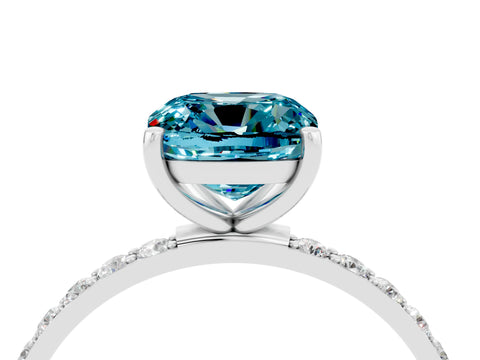 White gold Cushion Cut Blue Topaz Solitaire Ring with Pave Band and Four Prong Setting_28