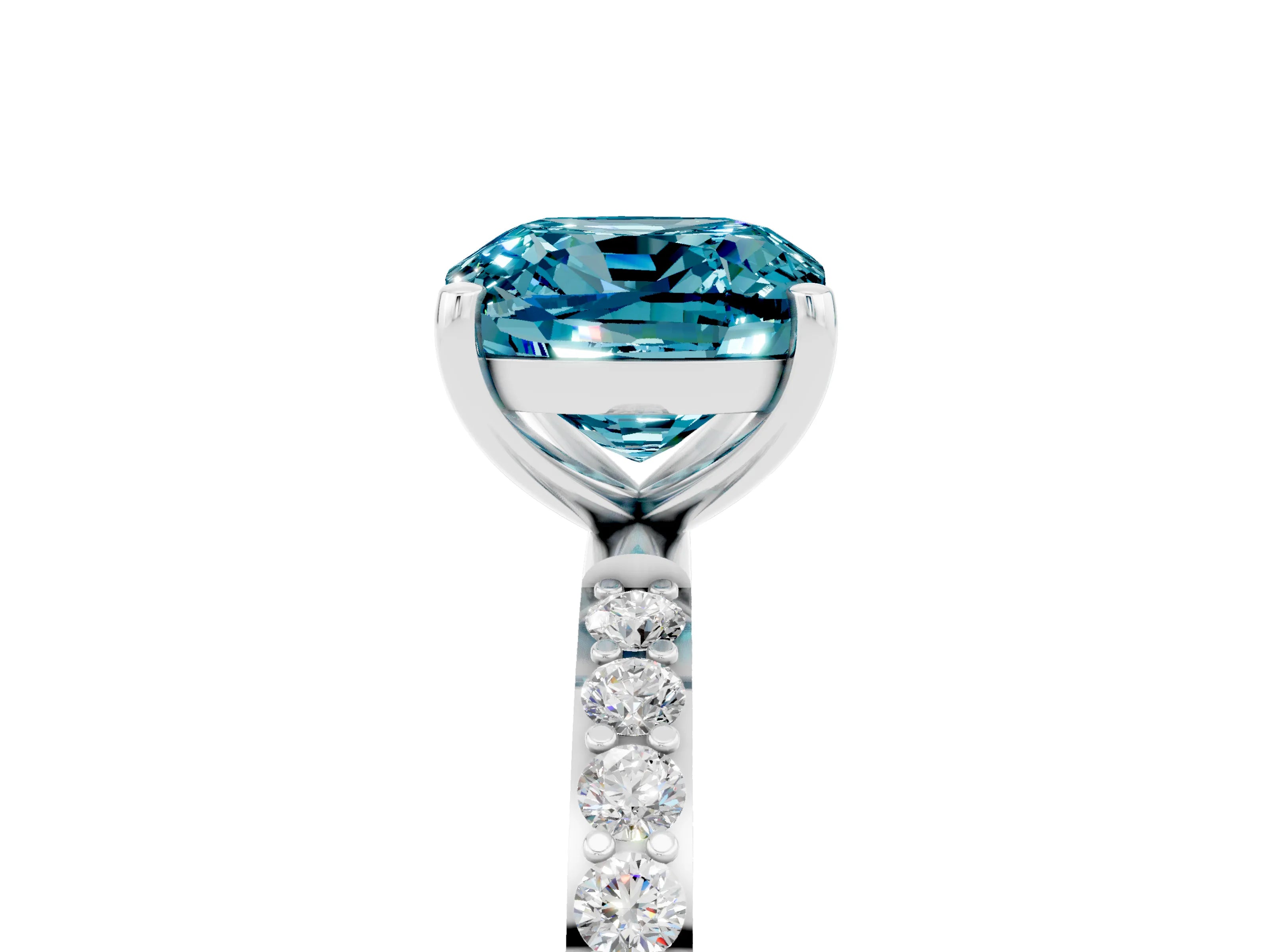 White gold Cushion Cut Blue Topaz Solitaire Ring with Pave Band and Four Prong Setting_29