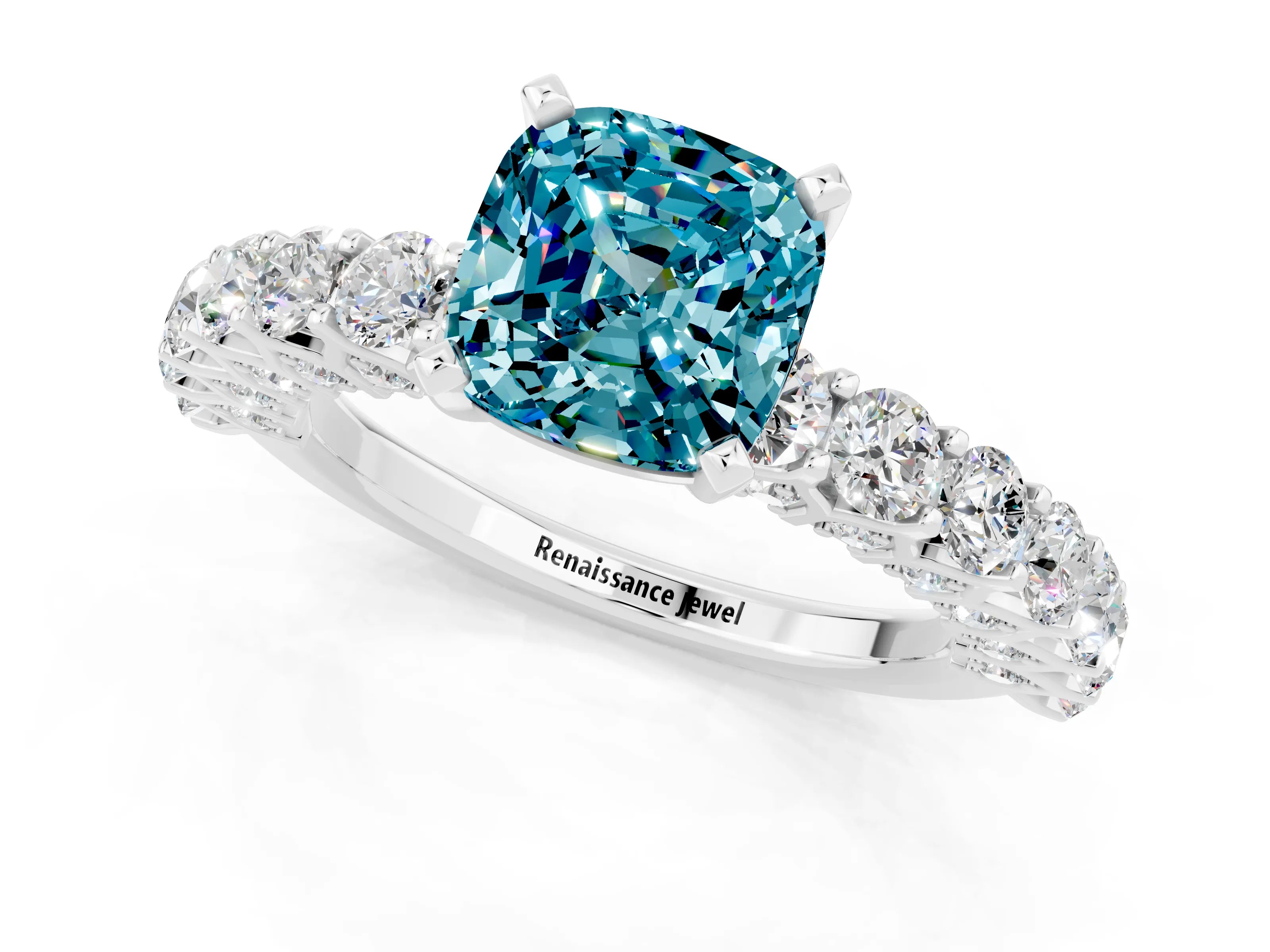 White gold Cushion Cut Blue Topaz Solitaire Ring with Shared Prong Pavé Band and Four-Prong Setting_1